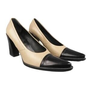 Prada Pointed Cap Toe Leather Pumps Beige / Black Size 6.5
